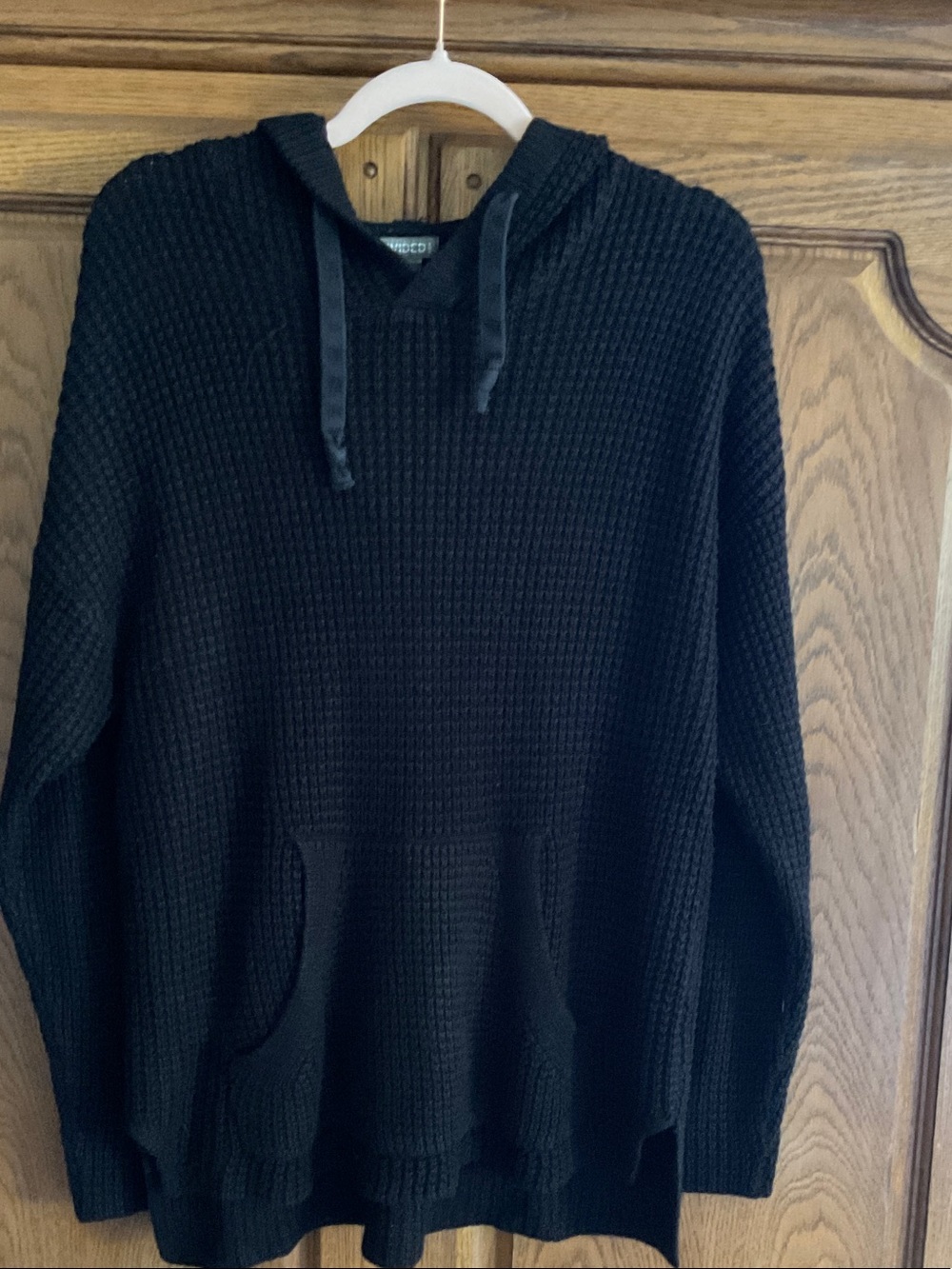 Divided Black Waffle-Knit Hooded Crewneck Sweater